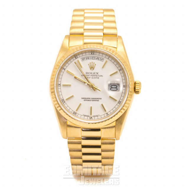 Rolex 18238 Yellow Gold on President, Fluted Bezel White with Gold Index