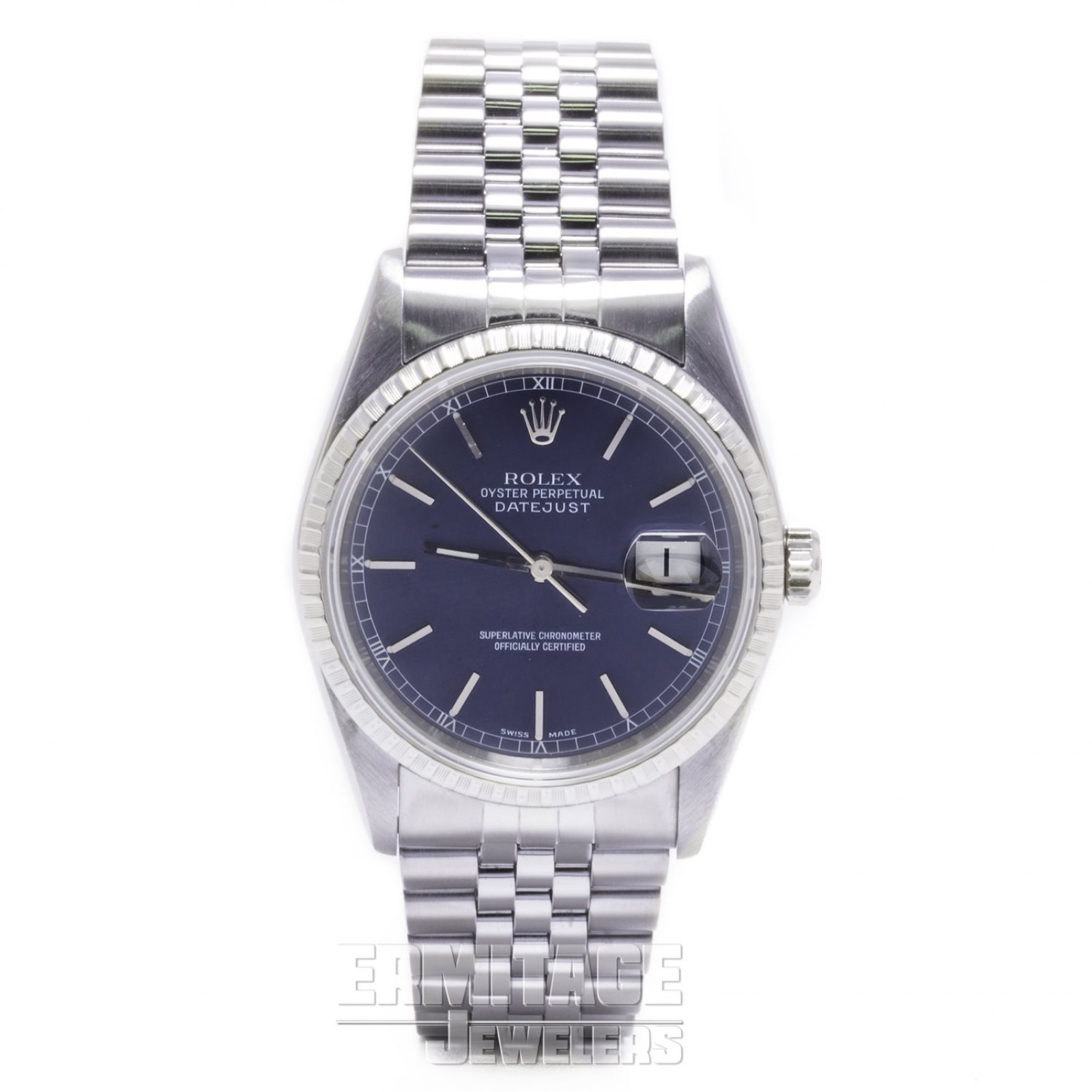 36 mm Rolex Datejust 16220 Steel on Jubilee with Blue Dial