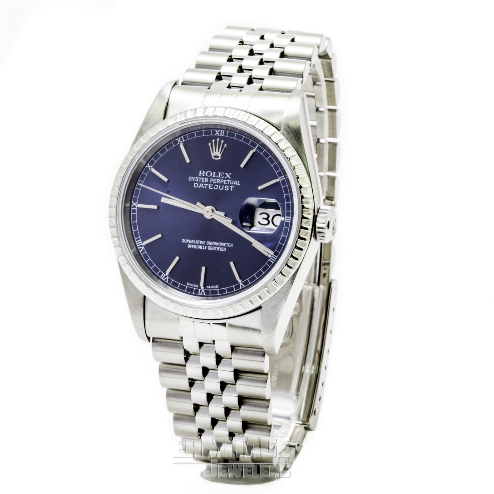 36 mm Rolex Datejust 16220 Steel on Jubilee with Blue Dial