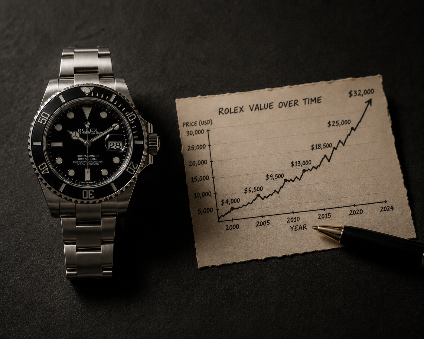 Rolex-watch-next-to-trending-line-chart