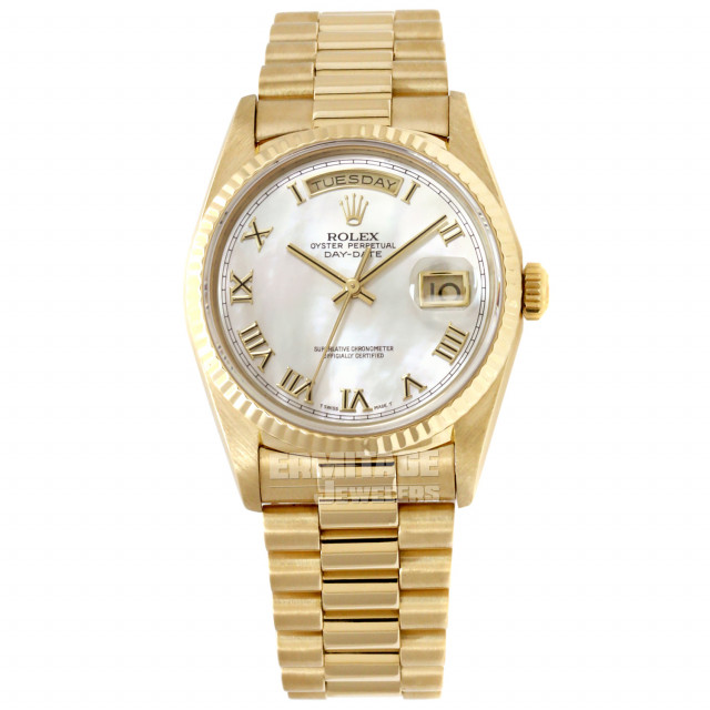 Rolex 18238 Yellow Gold on President, Fluted Bezel Mother Of Pearl White Diamond Dial