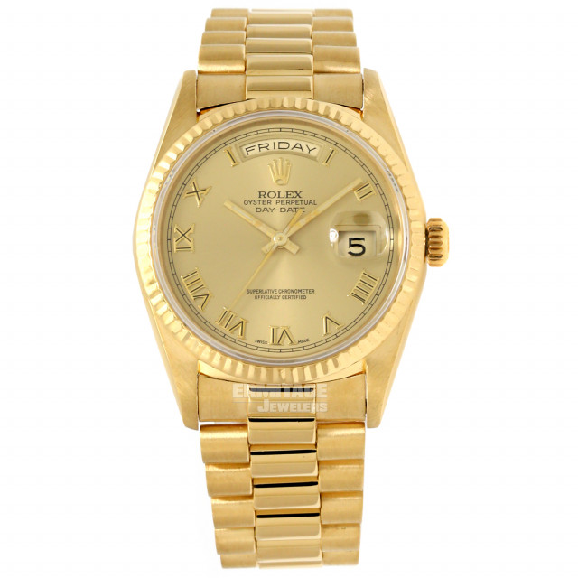 Rolex 18238 Yellow Gold on President, Fluted Bezel Champagne with Gold Roman