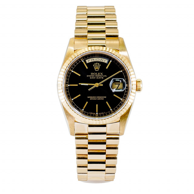 Rolex 18238 Yellow Gold on President, Fluted Bezel Black with Gold Index