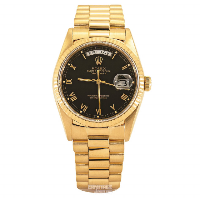 Rolex 18238 Yellow Gold on President, Fluted Bezel Black with Gold Roman