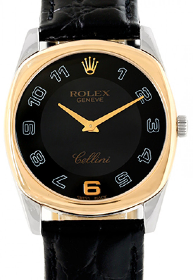 Rolex 4223 Rose & White Gold on Strap, Smooth Bezel Black with White Arabic & Gold 6