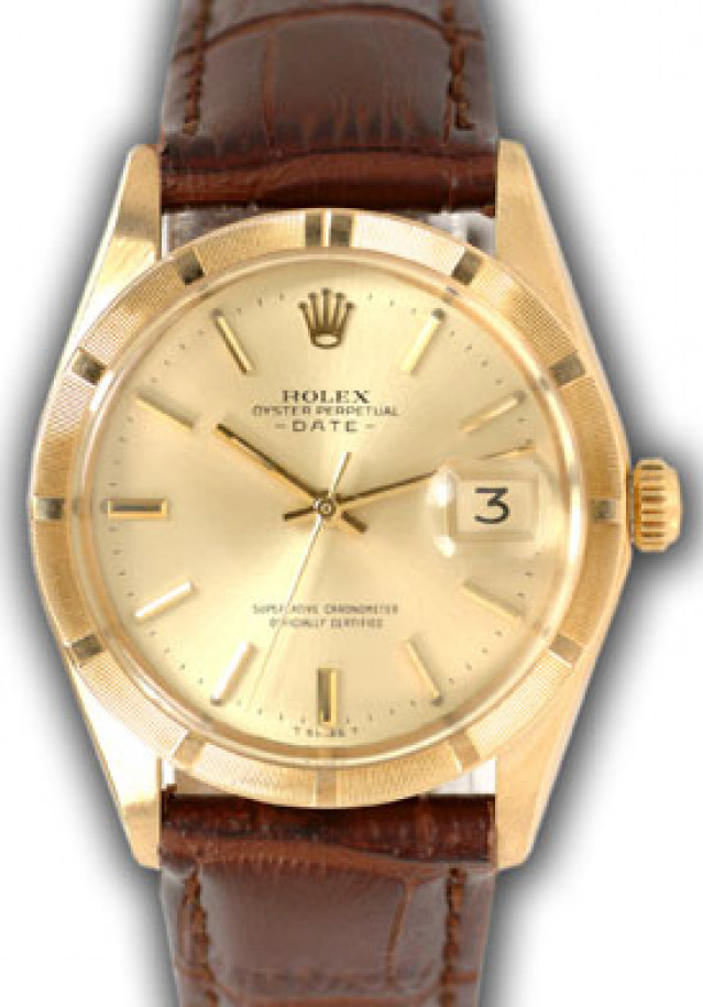 Rolex 1501 Yellow Gold on Strap, Engine Turned Bezel Champagne with Gold Index