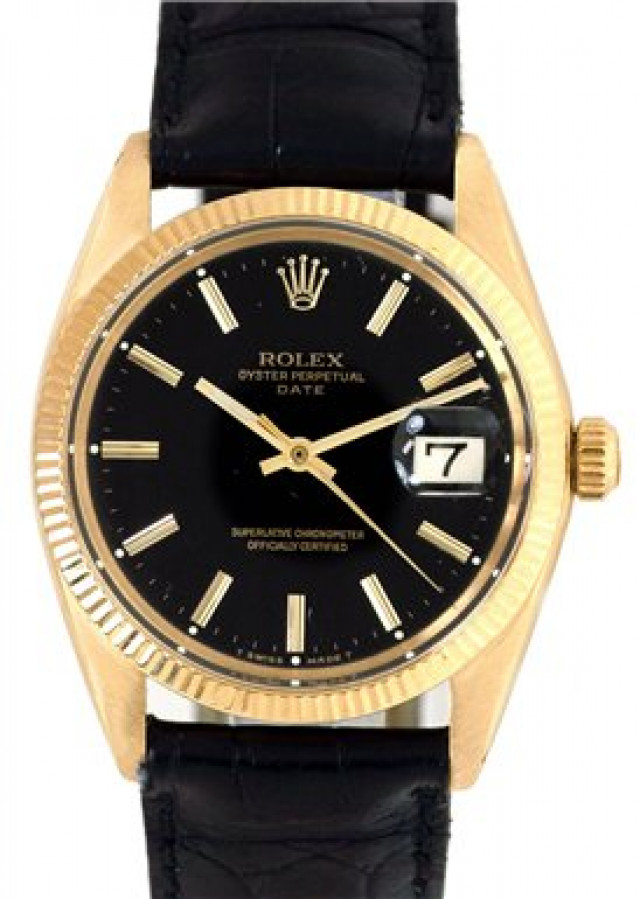 Rolex 1503 Yellow Gold on Strap, Fluted Bezel Black with Gold Index