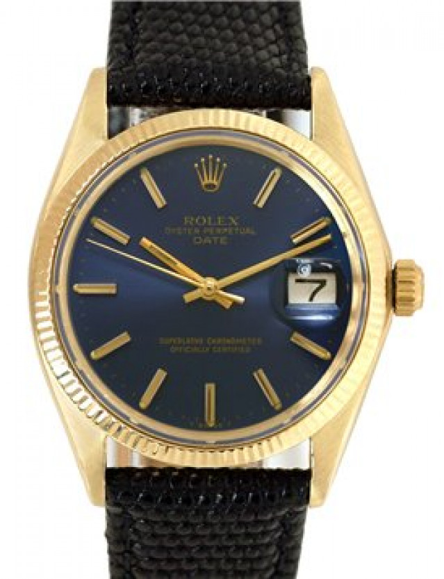 Rolex 1503 Yellow Gold on Strap, Fluted Bezel Blue with Gold Index