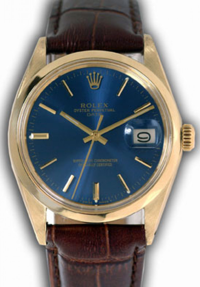 Rolex 1503 Yellow Gold on Strap, Smooth Bezel Blue with Gold Index