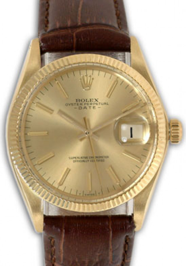 Rolex 1503 Yellow Gold on Strap, Fluted Bezel Champagne with Gold Index