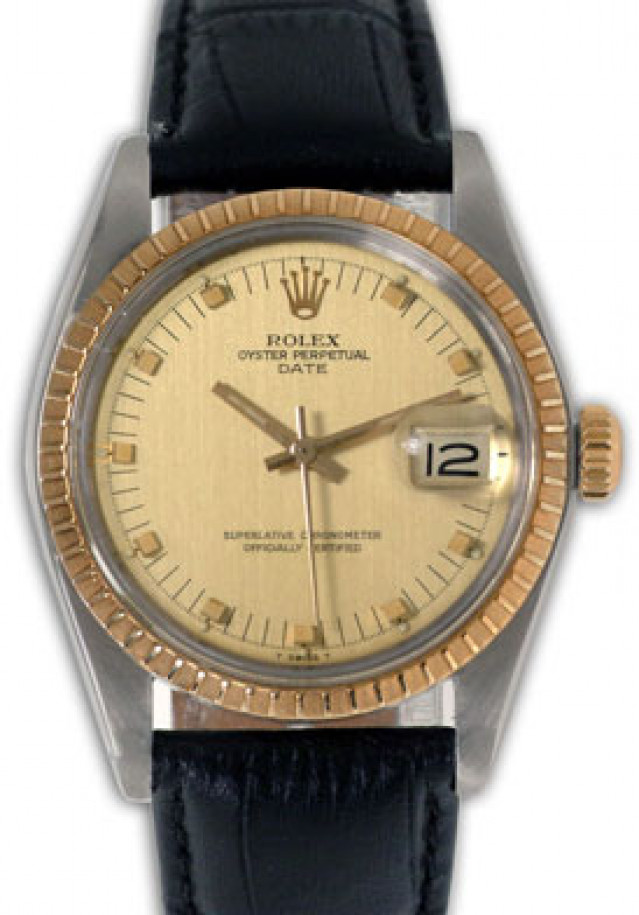 Rolex 1505 Yellow Gold & Steel on Strap, Finely Engine Turned Bezel Champagne with Gold Index