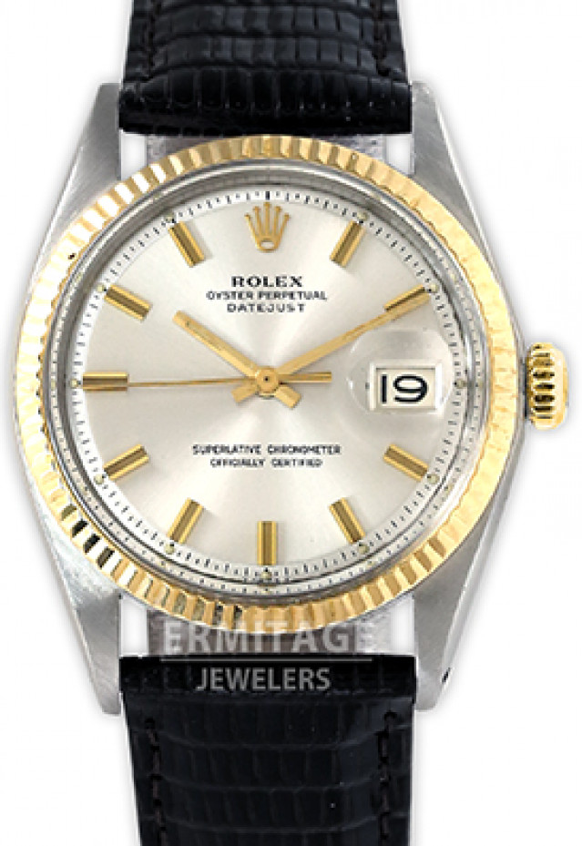 Rolex 1601 Yellow Gold & Steel on Strap, Fluted Bezel Steel with Gold Index