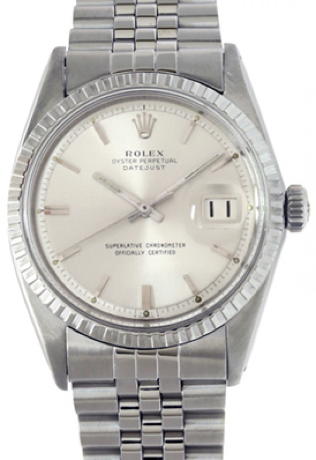 Rolex 1601 Steel on Jubilee, Engine Turned Bezel Silver with Luminous Index