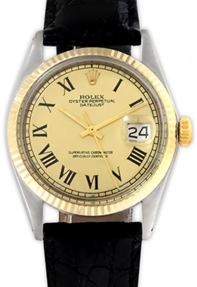 Rolex 1603 Yellow Gold & Steel on Strap, Fluted Bezel Champagne with Black Roman