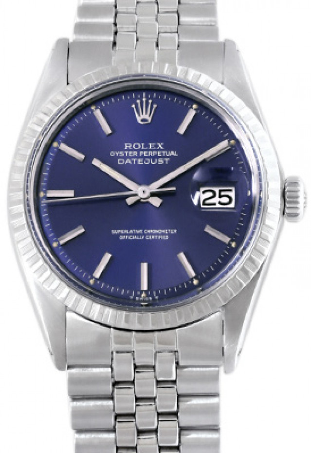 Rolex 1603 Steel on Jubilee, Engine Turned Bezel Blue with Silver Index