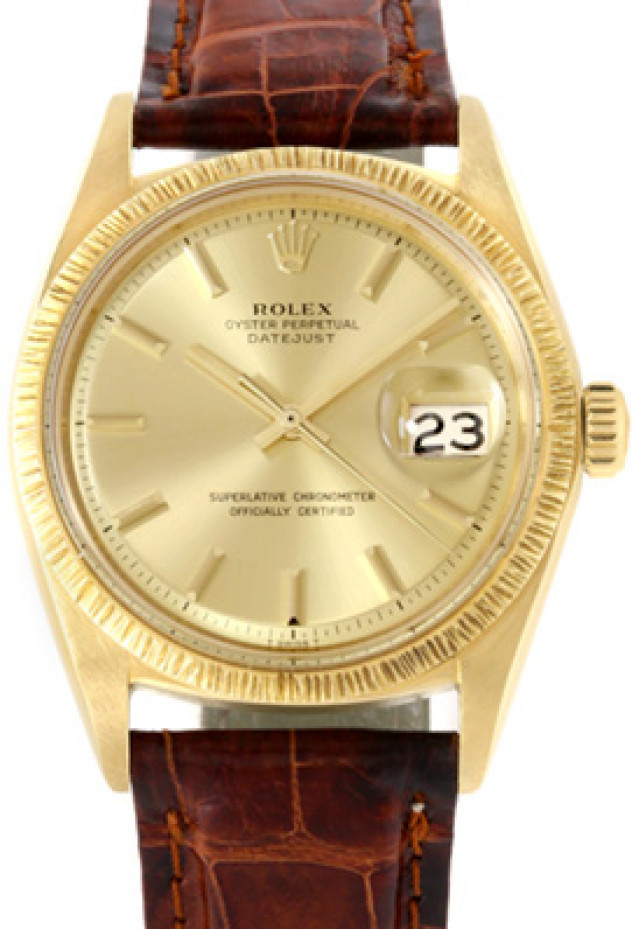 Rolex 1607 Yellow Gold on Strap, Bark Finish Bezel Champagne with Gold Index