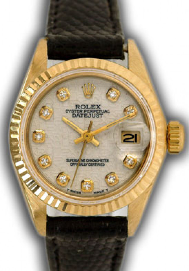 Rolex 6917 Yellow Gold on Strap, Fluted Bezel Jubilee White Diamond Dial