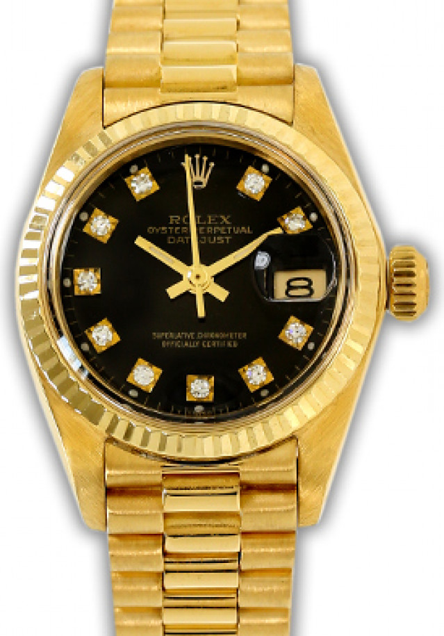 Rolex 6917 Yellow Gold on President, Fluted Bezel Black Diamond Dial