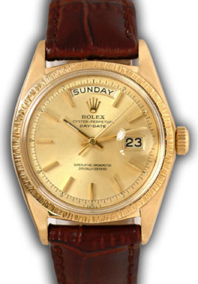 Rolex 1807 Yellow Gold on Strap, Bark Finish Bezel Champagne with Gold Index