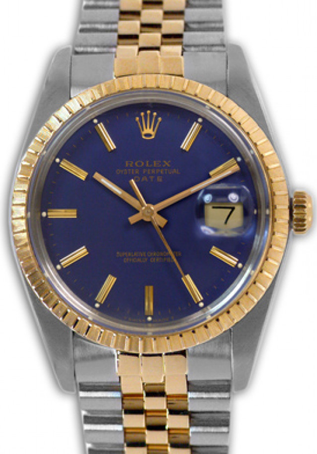 Rolex 15053 Yellow Gold & Steel on Jubilee, Finely Engine Turned Bezel Blue with Gold Index