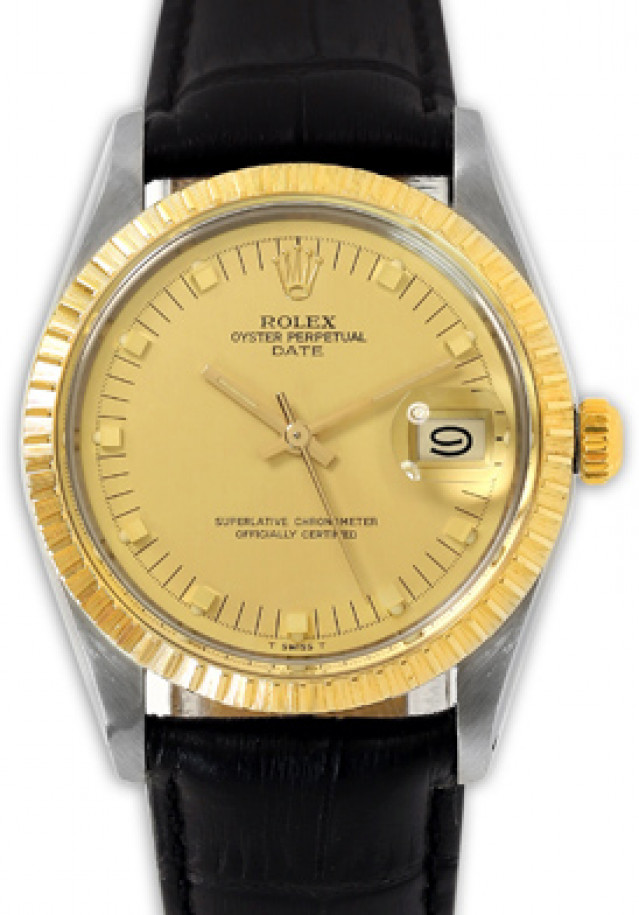 Rolex 15053 Yellow Gold & Steel on Strap, Finely Engine Turned Bezel Champagne with Gold Short Index