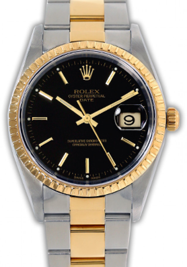 Rolex 15223 Yellow Gold & Steel on Oyster, Finely Engine Turned Bezel Black with Gold Index