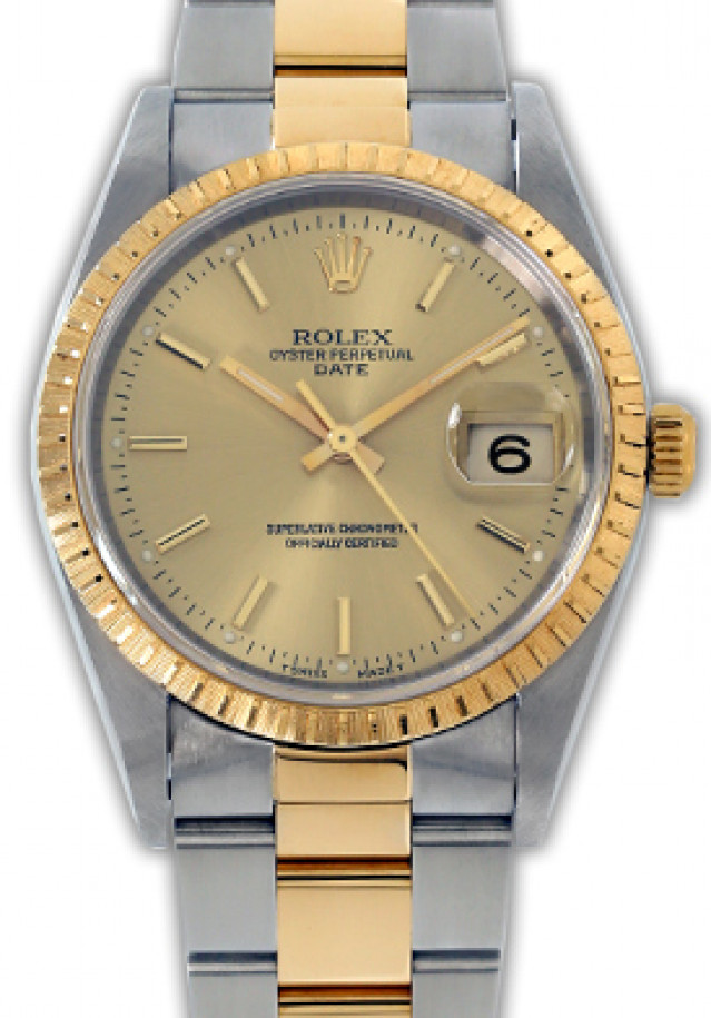 Rolex 15223 Yellow Gold & Steel on Oyster, Finely Engine Turned Bezel Champagne with Gold Index
