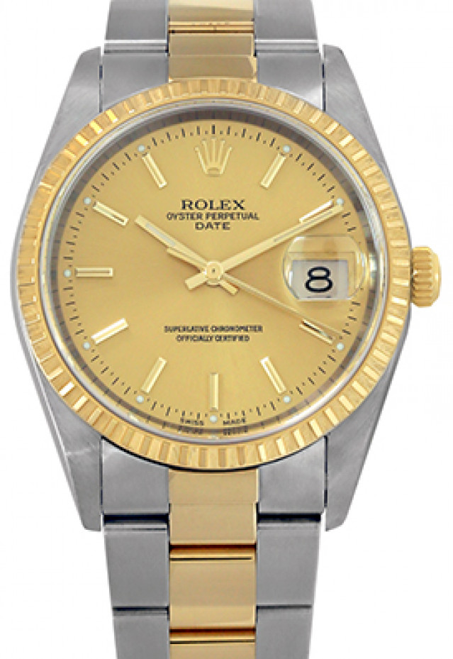 Rolex 15233 Yellow Gold & Steel on Oyster, Finely Engine Turned Bezel Champagne with Gold Index
