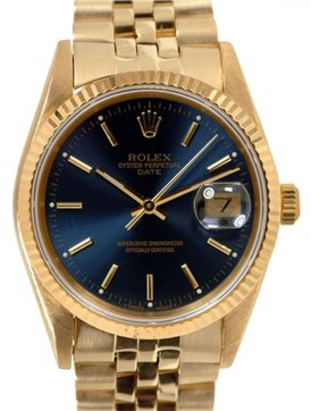 Rolex 15238 Yellow Gold on Jubilee, Fluted Bezel Blue with Gold Index