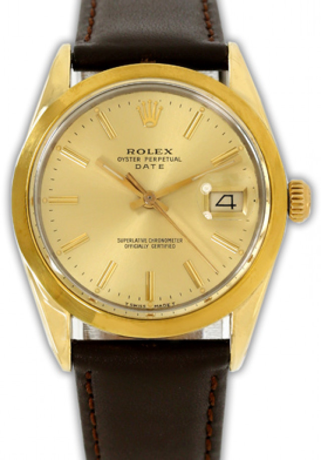 Rolex 15505 Yellow Gold on Strap, Smooth Bezel Champagne with Gold Index