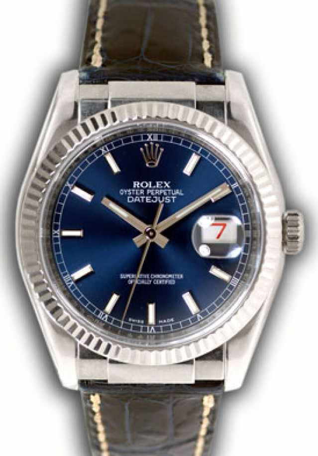 Rolex 116139 White Gold on Strap, Fluted Bezel Blue with Luminous Index & White Roman