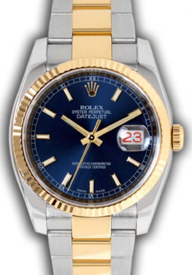 Rolex 116233 Yellow Gold & Steel on Oyster, Fluted Bezel Blue with Luminous Gold Index & White Roman