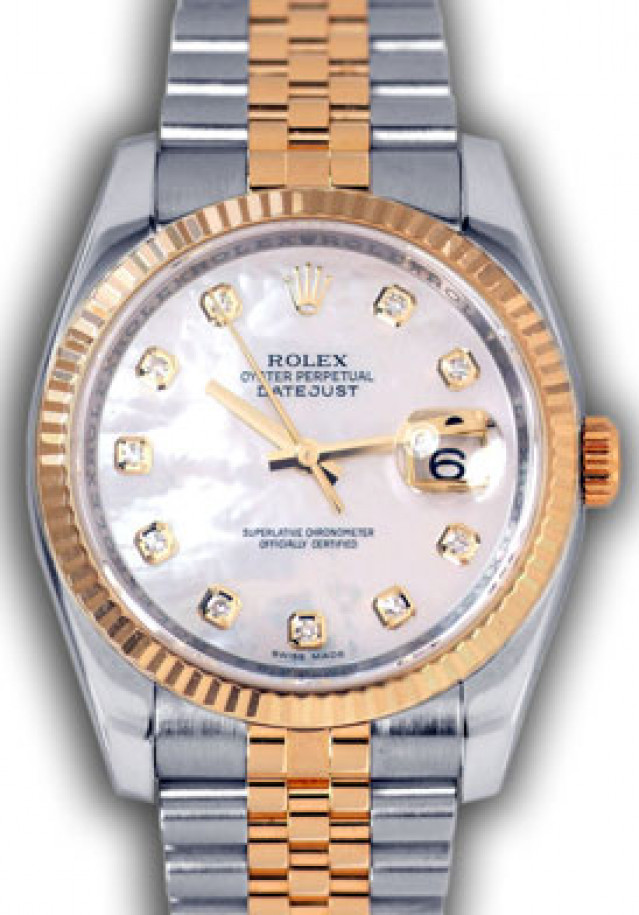 Rolex 116233 Yellow Gold & Steel on Jubilee, Fluted Bezel Mother Of Pearl White Diamond Dial