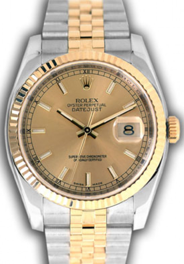 Rolex 116233 Yellow Gold & Steel on Jubilee, Fluted Bezel Champagne with Luminous Gold Index & Black Roman