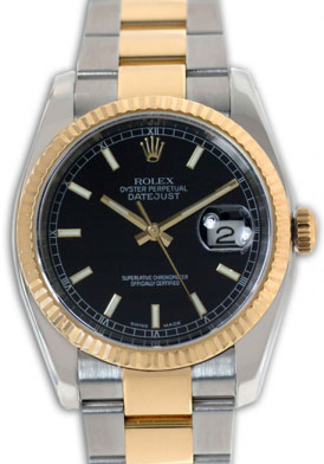 Rolex 116233 Yellow Gold & Steel on Oyster, Fluted Bezel Black with Luminous Gold Index & White Roman