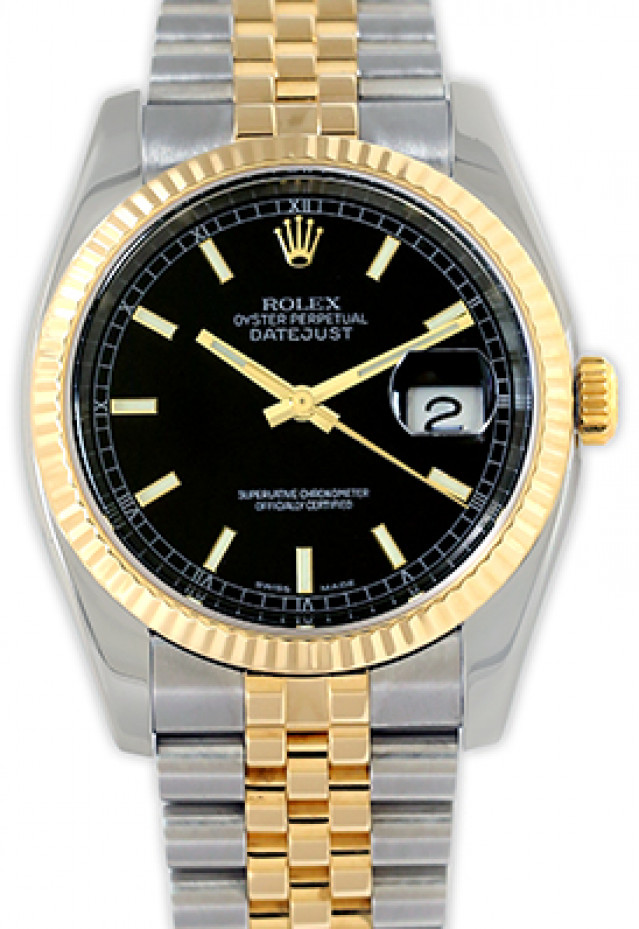 Rolex 116233 Yellow Gold & Steel on Jubilee, Fluted Bezel Black with Gold Index