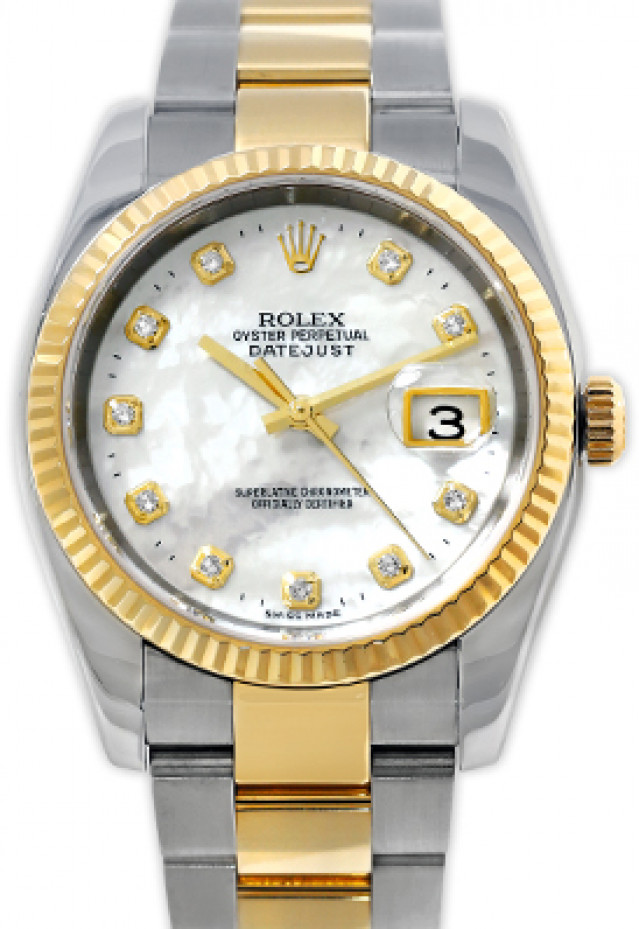 Rolex 116233 Yellow Gold & Steel on Oyster, Fluted Bezel Mother Of Pearl White Diamond Dial