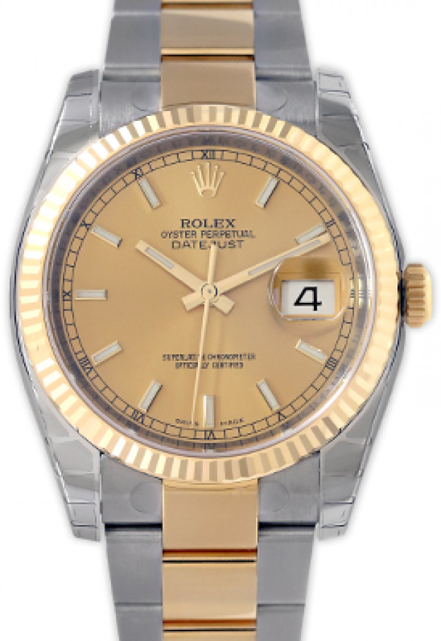 Rolex 116233 Yellow Gold & Steel on Oyster, Fluted Bezel Champagne with Luminous Index On Gold