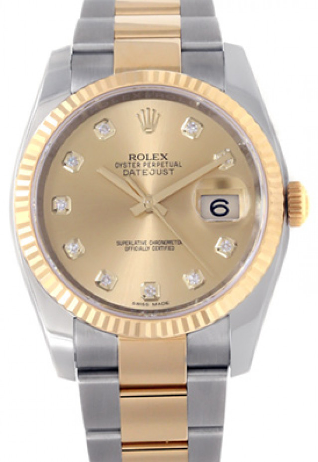 Rolex 116233 Yellow Gold & Steel on Oyster, Fluted Bezel Champagne Diamond Dial