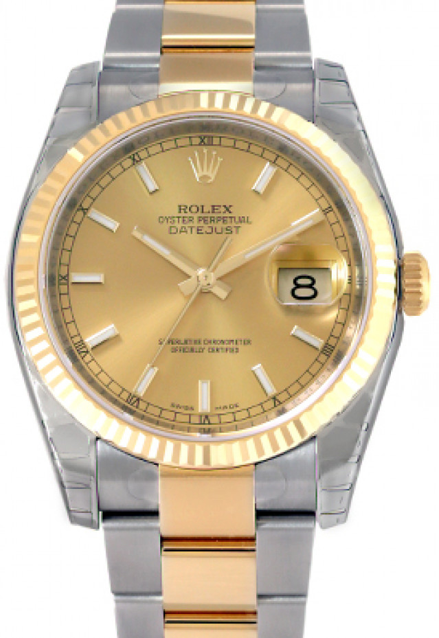 Rolex 116233 Yellow Gold & Steel on Oyster, Fluted Bezel Champagne with Silver Index