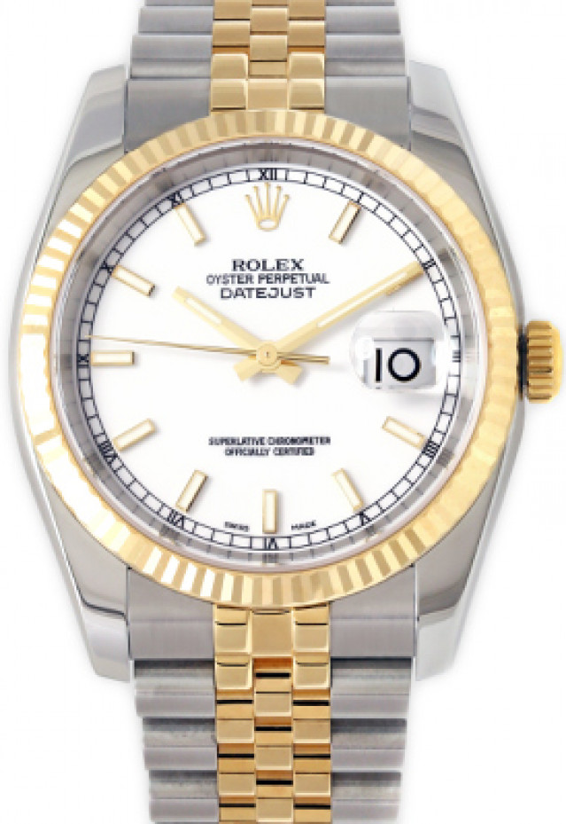 Rolex 116233 Yellow Gold & Steel on Jubilee, Fluted Bezel White with Gold Index