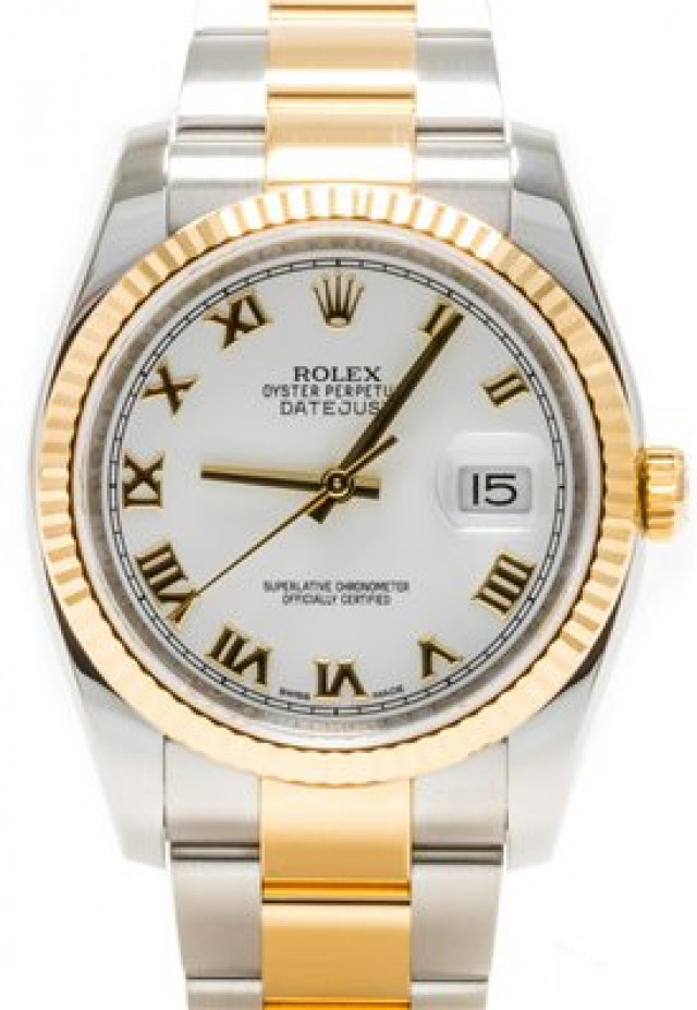 Rolex 116233 Yellow Gold & Steel on Oyster, Fluted Bezel White with Gold Roman