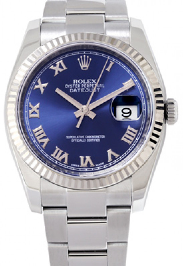 Rolex 116234 White Gold & Steel on Oyster Blue with Silver Roman