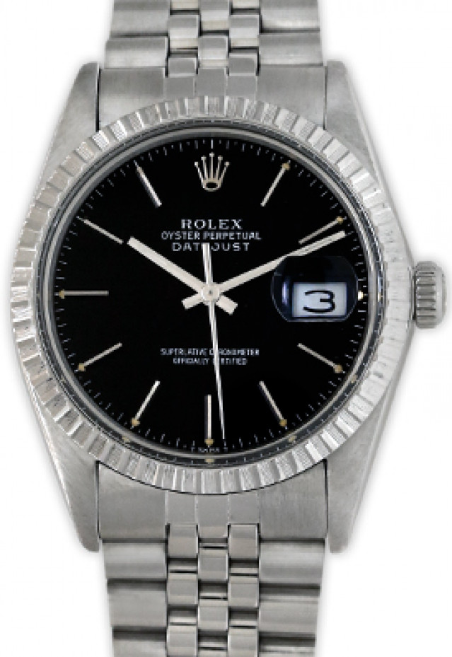 Rolex 16014 Steel on Jubilee, Finely Engine Turned Bezel Black with Silver Index