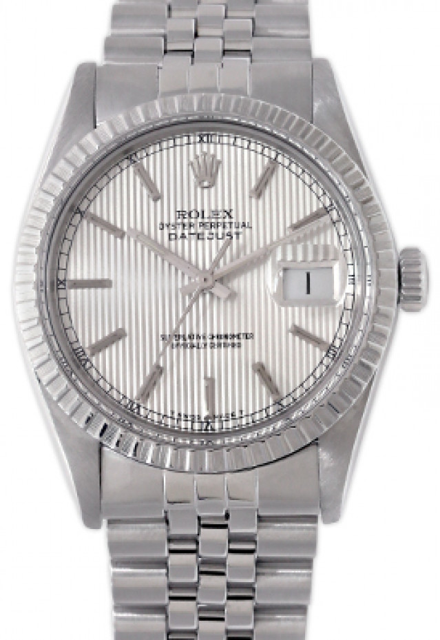 Rolex 16030 Steel on Jubilee, Finely Engine Turned Bezel Steel Tapestry with Silver Index