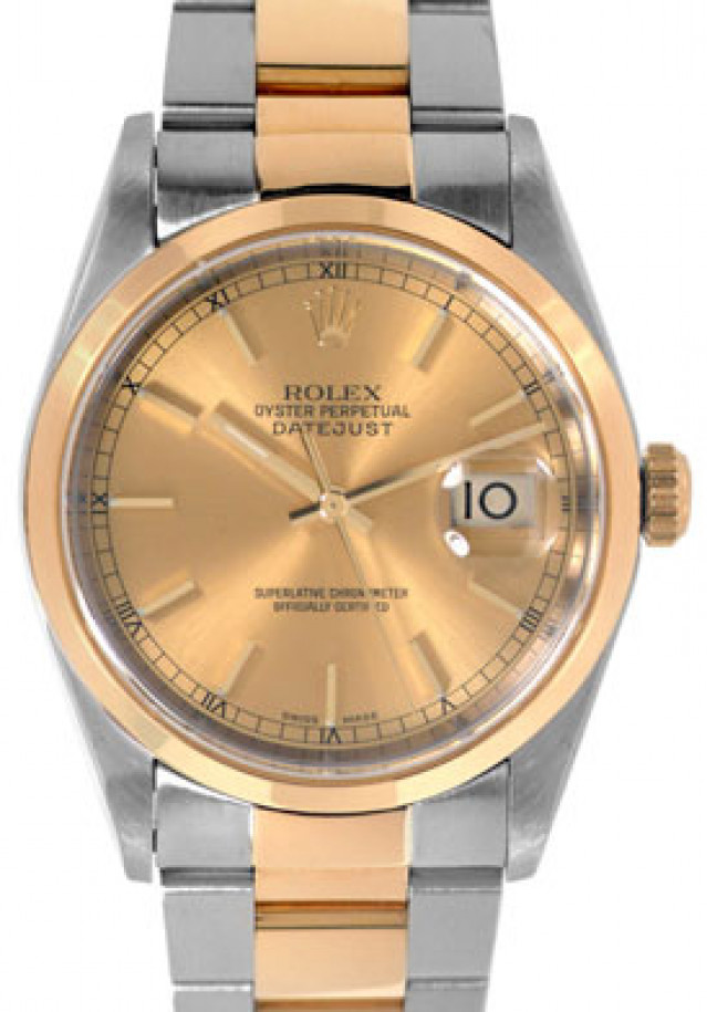 Rolex 16203 Yellow Gold & Steel on Oyster, Smooth Bezel Champagne with Gold Index & Black Arabic