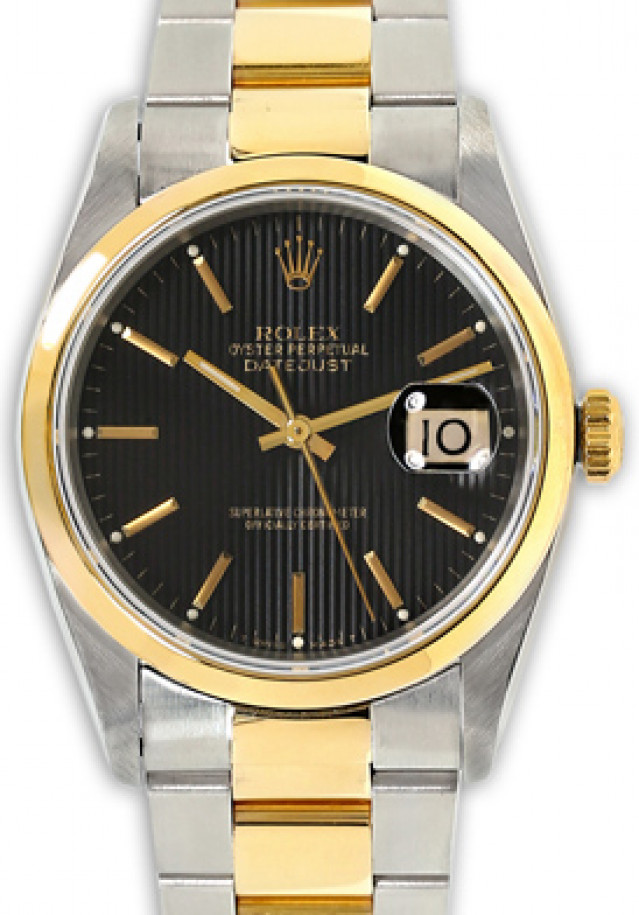 Rolex 16203 Yellow Gold & Steel on Oyster, Smooth Bezel Black Tapestry with Gold Index