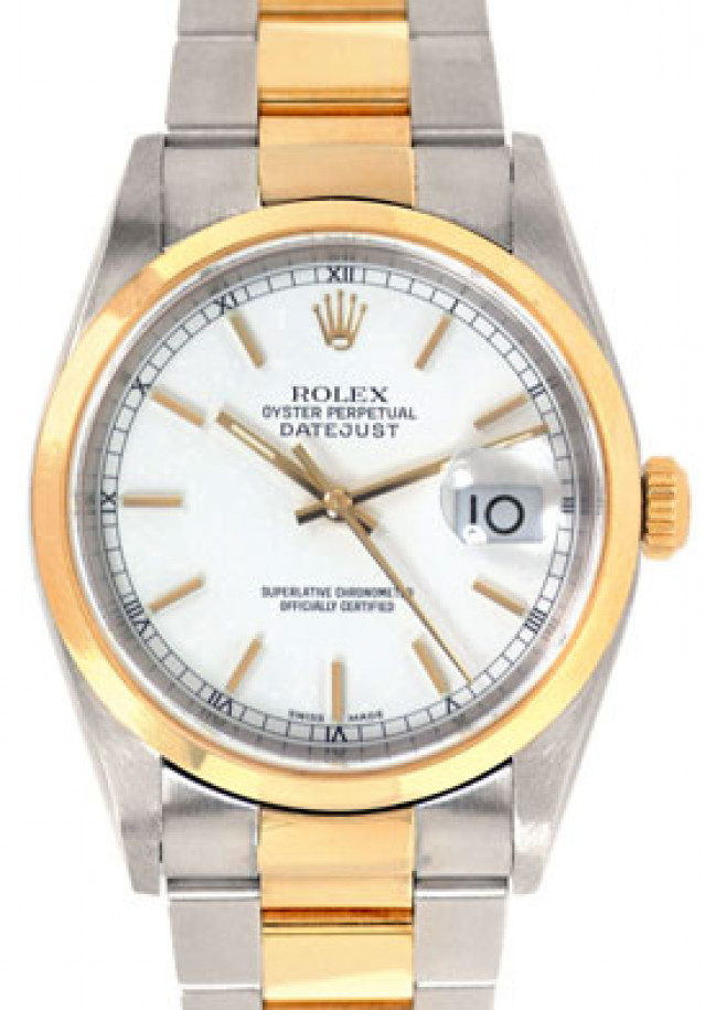Rolex 16203 Yellow Gold & Steel on Oyster, Smooth Bezel White with Gold Index & Black Arabic