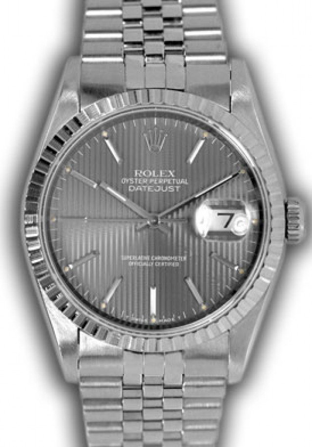 Rolex 16220 Steel on Jubilee, Finely Engine Turned Bezel Steel Tapestry with Gold Index