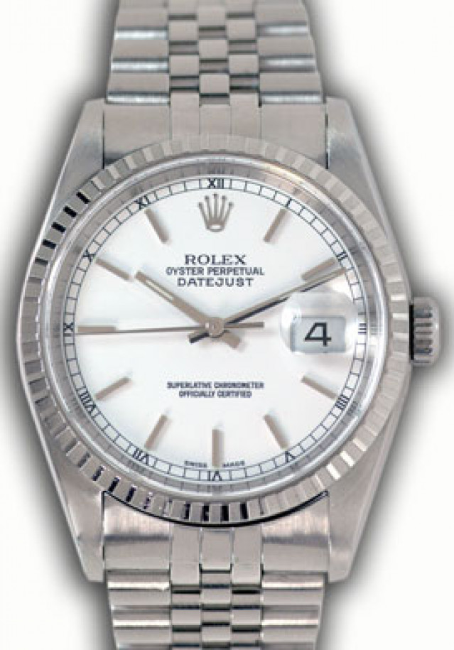 Rolex 16220 Steel on Jubilee, Finely Engine Turned Bezel White with Silver Index & Black Roman